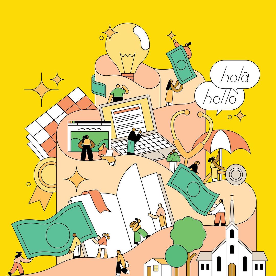 Stylized vector illustration of tiny people interacting with common healthcare, education, and financial concepts on a yellow background.