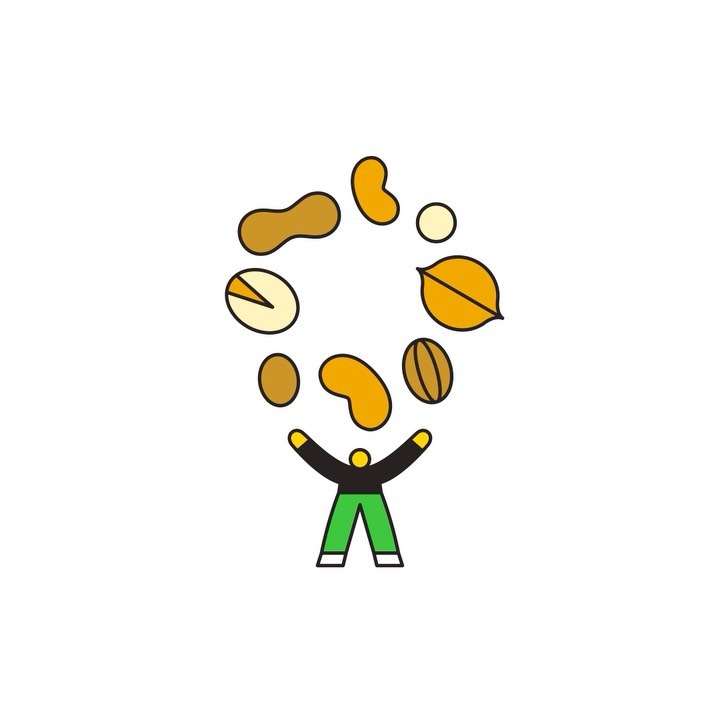 Illustration of a cartoon figure with arms raised, beneath a floating ring of various nuts on a white background. Healthy eating concept.