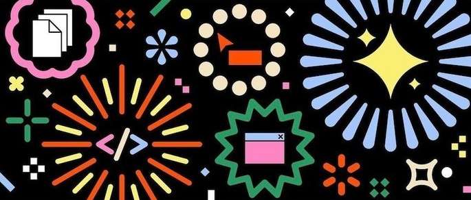 Abstract design featuring geometric shapes, icons, and bursts of color on a black background, creating a vibrant and playful composition.