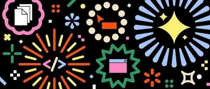 Abstract design featuring geometric shapes, icons, and bursts of color on a black background, creating a vibrant and playful composition.