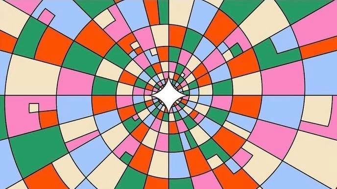 Abstract concentric circles illustration with geometric shapes in green, orange, blue, pink, and beige colors emanating from a central diamond.