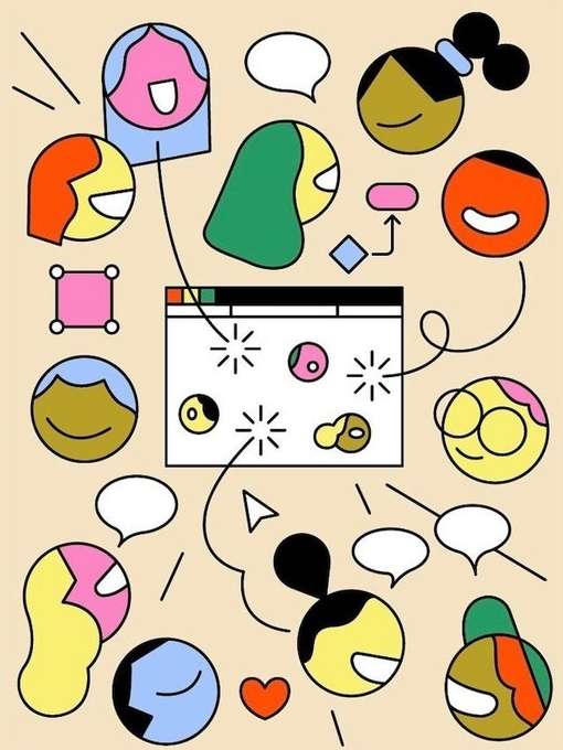 Graphic illustration featuring diverse stylized human faces with communication bubbles surrounding a central website or interface design.