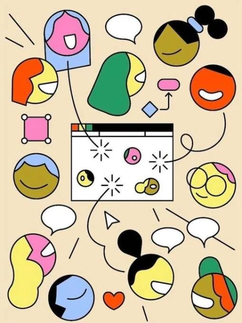 Graphic illustration featuring diverse stylized human faces with communication bubbles surrounding a central website or interface design.