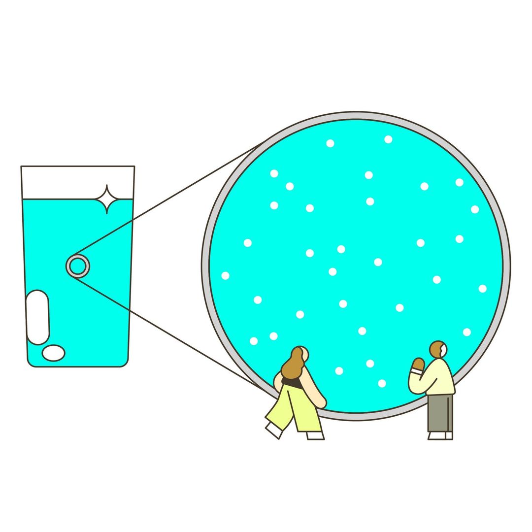 Illustration showing glass of clear blue liquid with particles magnified, alongside two people observing the magnified liquid.
