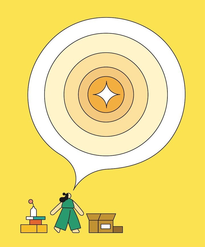 Illustration of a young woman in a green jumpsuit looking at a stack of books and an open cardboard box with a large thought bubble.