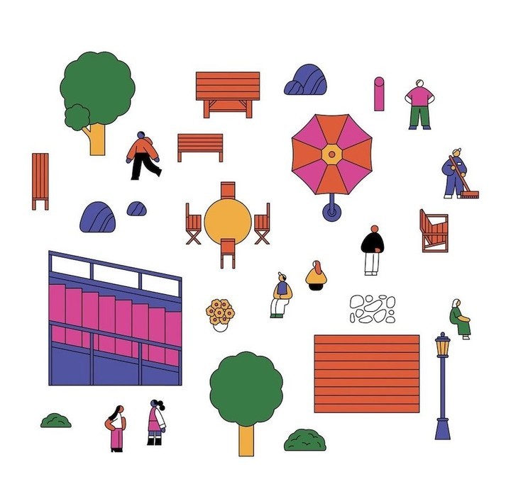 Illustration of people and park objects like benches, tables, umbrellas, and trees in an outdoor setting on a white background.