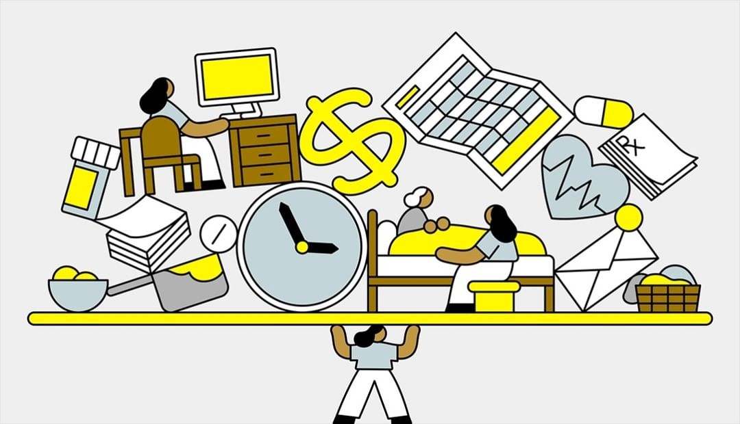 Illustration of a woman supporting healthcare costs and burdens, depicted by medical bills, pills, and a patient in bed.