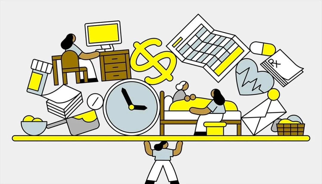 Illustration of a woman supporting healthcare costs and burdens, depicted by medical bills, pills, and a patient in bed.