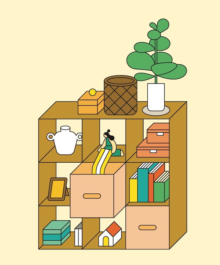 Illustration of a person reaching into a box on a brown shelf with various decorative objects against a light yellow background.