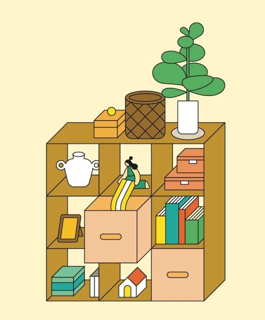 Illustration of a person reaching into a box on a brown shelf with various decorative objects against a light yellow background.