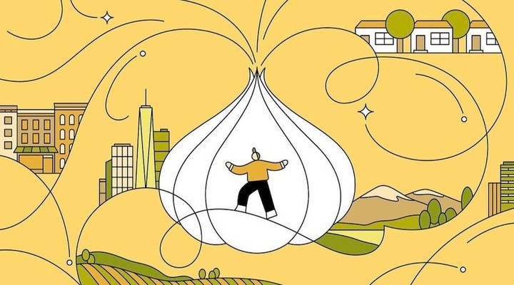 Whimsical illustration in a yellow landscape: a person inside a white onion, with buildings, fields, and mountains in the background.
