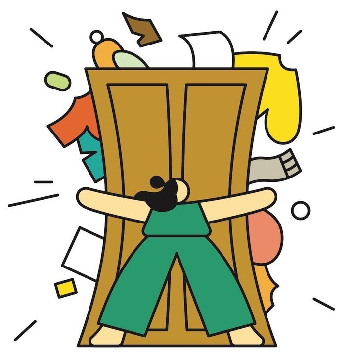 Illustration of a woman struggling to close a bursting closet filled with clothes, papers, and personal items.