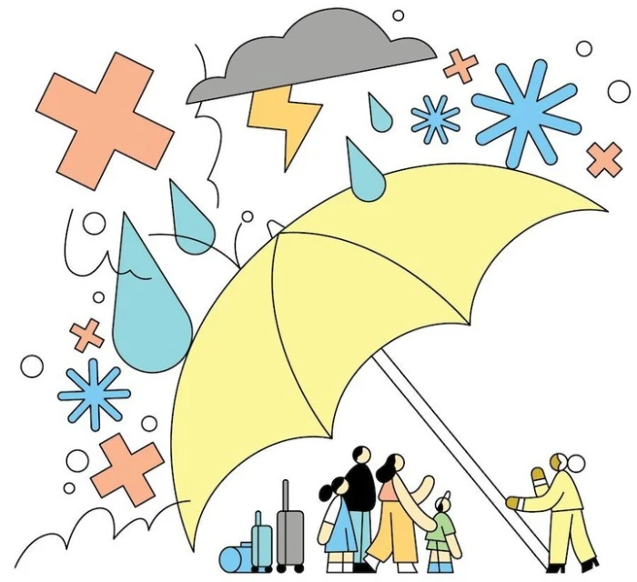 Illustration of a family with luggage standing under a yellow umbrella while rain and snow fall, protected from the weather.