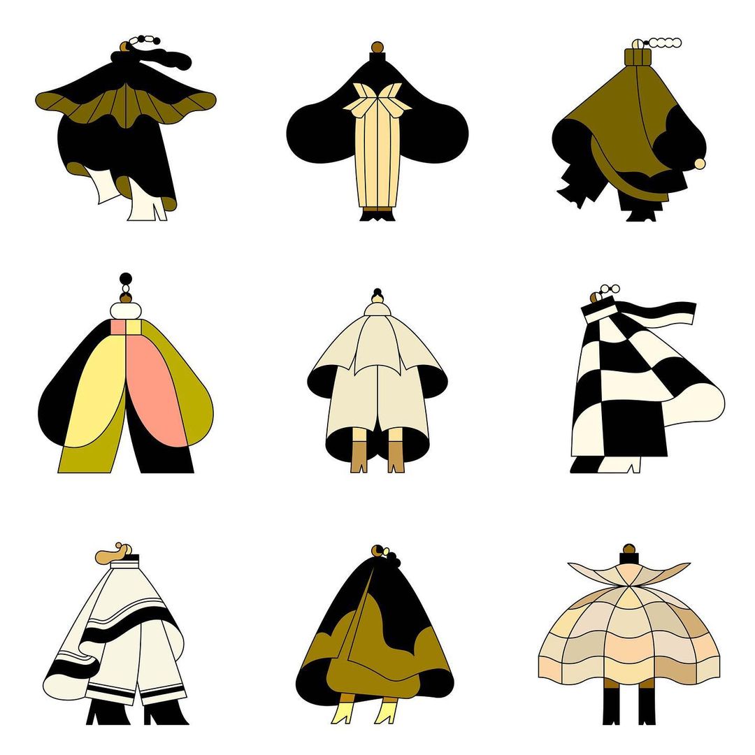 Nine stylized fashion illustrations featuring abstract garment designs with unique color palettes and graphic patterns on a white background.
