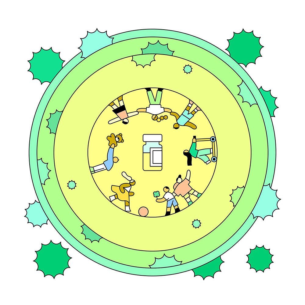 Illustration of children around a vaccine vial, set within concentric circles against a white backdrop, symbolizing protection and health.