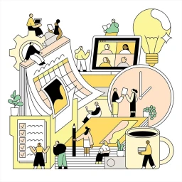 Illustrated workplace scene by Rose Wong featuring office productivity motifs like calendars, clocks, coffee cups, and small figures.