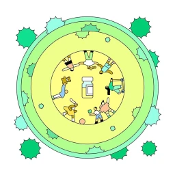 Top-down illustrated circle composition with a central medicine bottle and figures arranged in a ring on a green background.