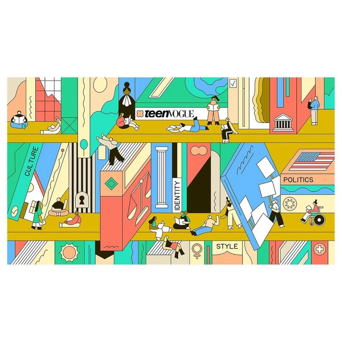 Illustrated horizontal graphic featuring colourful stacked books and small figures reading across shelves.