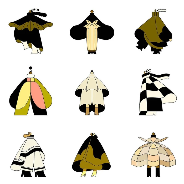 Nine stylised fashion illustration figures featuring geometric shapes and varied garments by Rose Wong