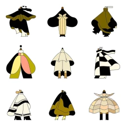 Nine stylised fashion illustration figures featuring geometric shapes and varied garments by Rose Wong