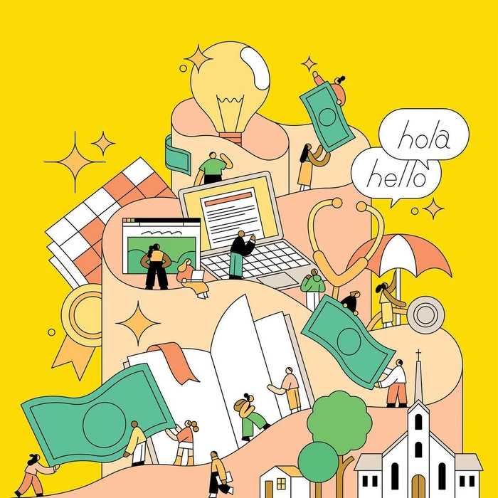 Colorful illustrated artwork by Rose Wong featuring miniature people interacting with laptops, money, a giant lightbulb, and buildings against a solid yellow background.