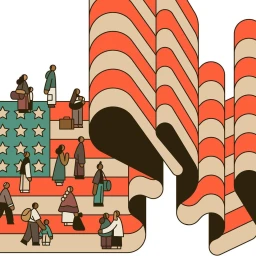 Digital illustration by Rose Wong featuring stylized figures against a large US flag graphic and draped red-and-white patterned panels.