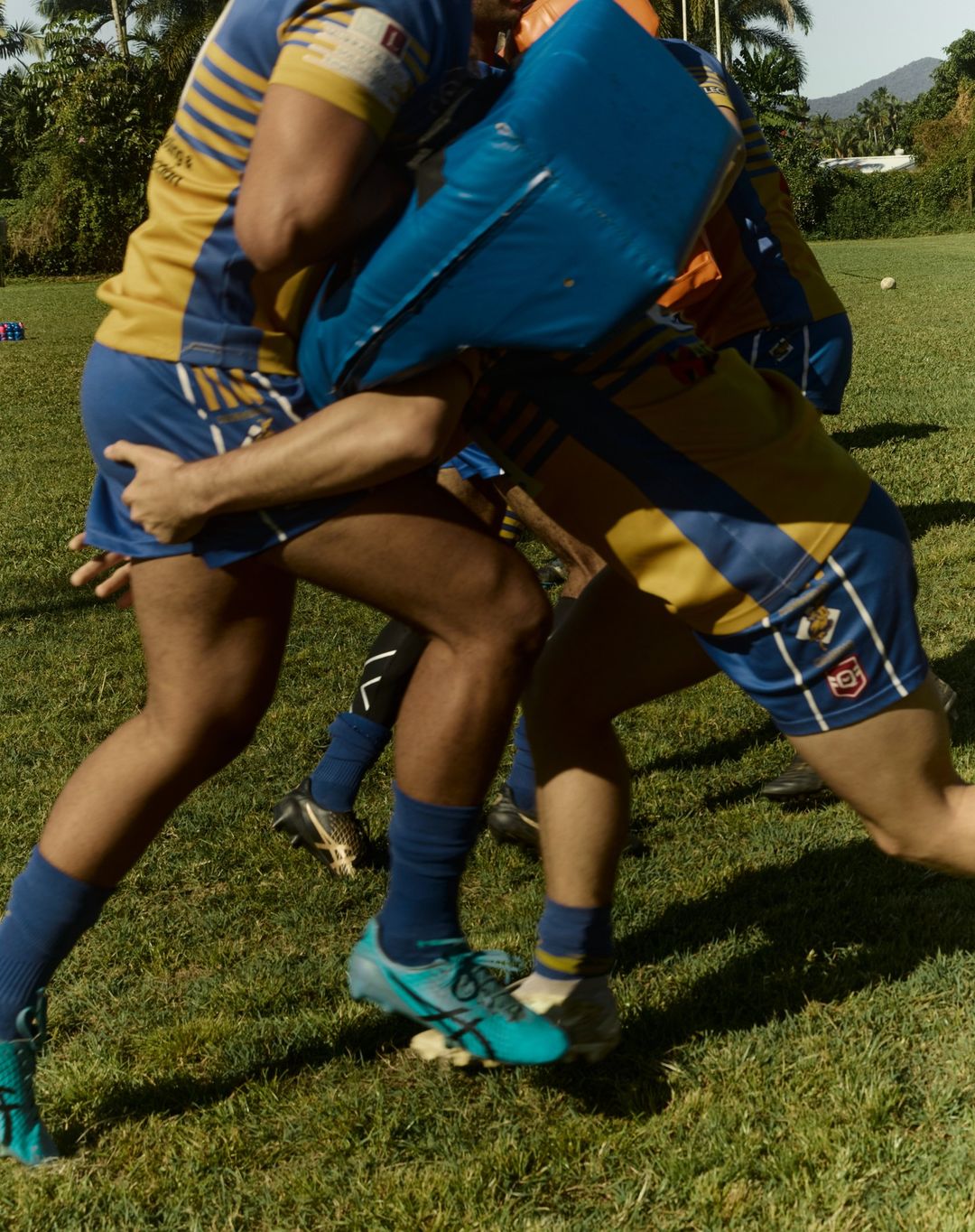 Rugby players engage in a drill on a grassy field on a sunny day, with protective gear and athletic uniforms.