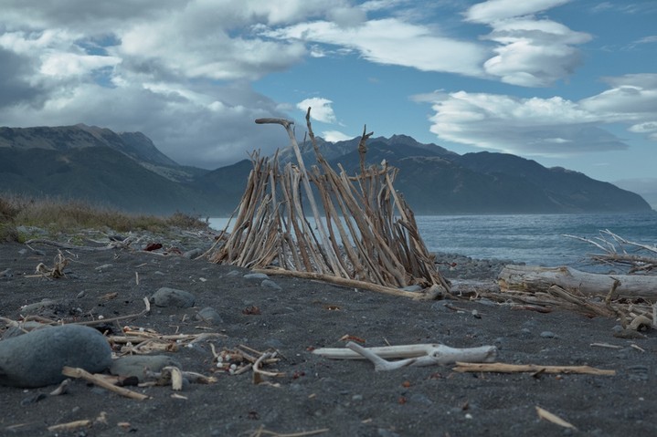 A shelter constructed from driftwood stands on a beach. The scene is set against a backdrop of mountains, ocean, and a cloudy sky.