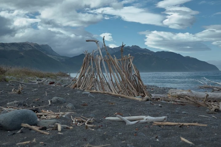A shelter constructed from driftwood stands on a beach. The scene is set against a backdrop of mountains, ocean, and a cloudy sky.