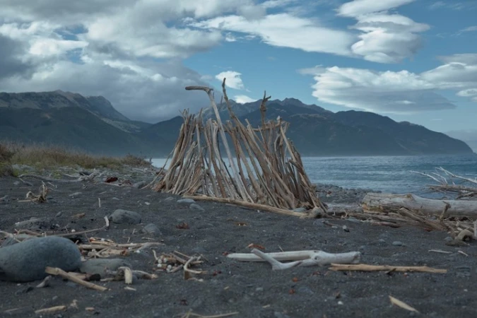 A shelter constructed from driftwood stands on a beach. The scene is set against a backdrop of mountains, ocean, and a cloudy sky.