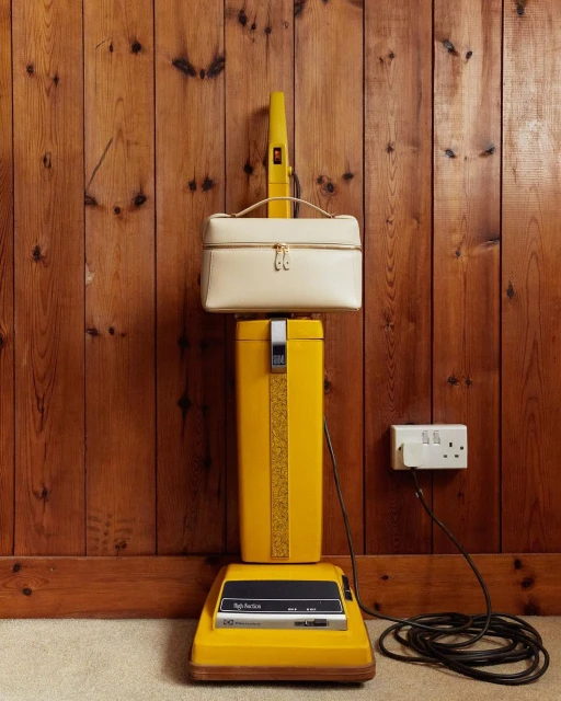 Retro yellow vacuum cleaner with a cream-colored makeup bag on top, set against a rustic wood-paneled wall and neutral carpet flooring.