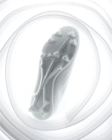 A close-up, high-angle shot captures the sole of a white athletic shoe surrounded by a spiraling white ribbon on a bright background.