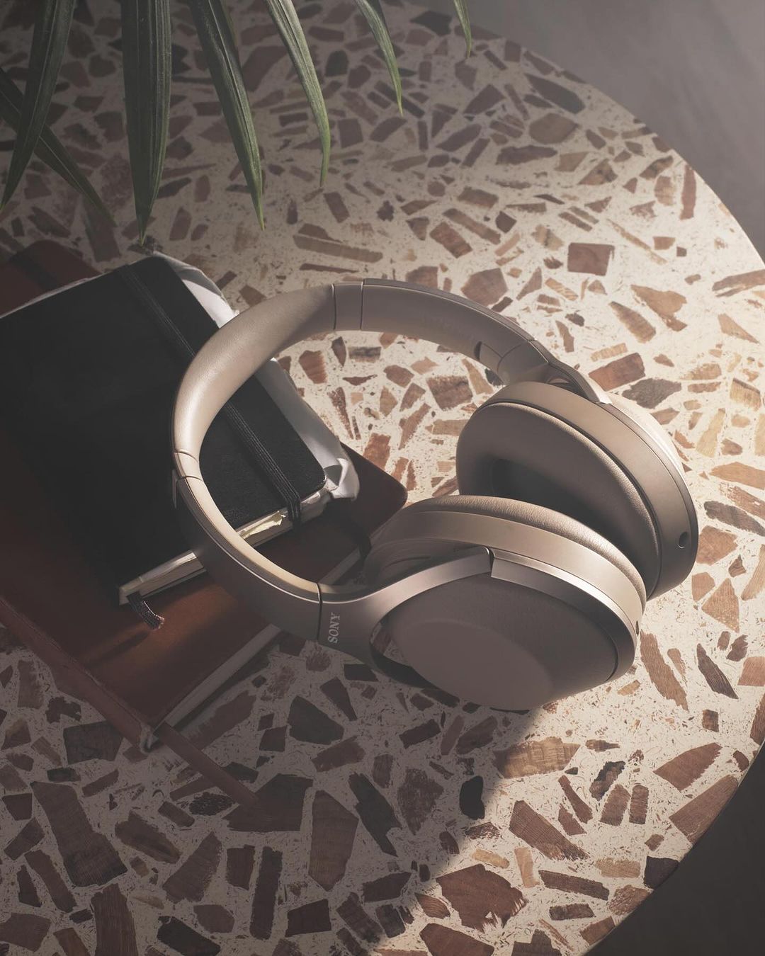 Beige Sony headphones sit on a speckled table next to a black book. The shot is a close-up, with soft lighting and a houseplant.