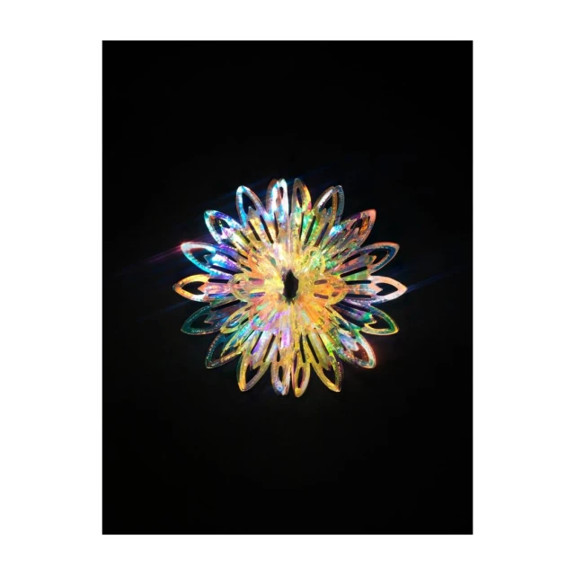 Iridescent floral design against a black background, showcasing cut-out petals, and sparkling details with a dark, contrasting backdrop.
