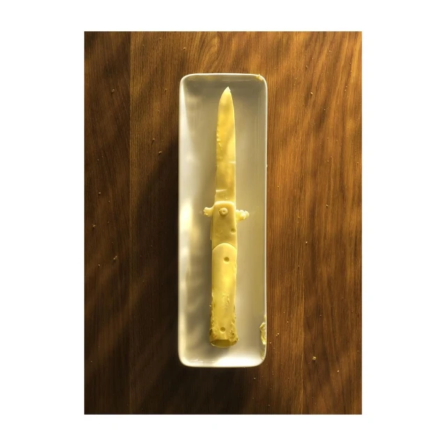 Overhead shot of a butter knife encased in a clear rectangular dish, sitting on a wooden surface, showcasing a food art composition.