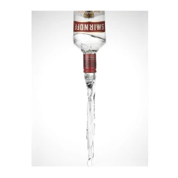 An inverted glass liquor bottle pouring a stream of clear liquid downwards against a clean white background
