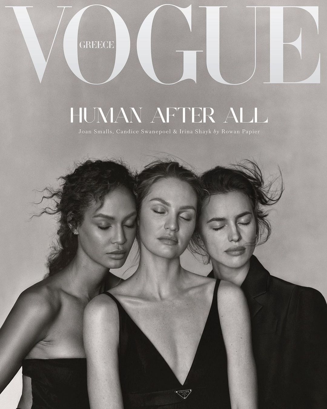 Black-and-white Vogue Greece cover featuring Joan Smalls, Candice Swanepoel, and Irina Shayk, with the title 'Human After All'.