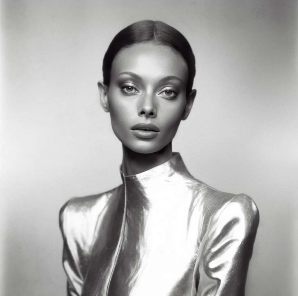 Striking portrait of a female model with fair skin and dark hair, wearing a metallic high-neck top against a simple neutral backdrop.