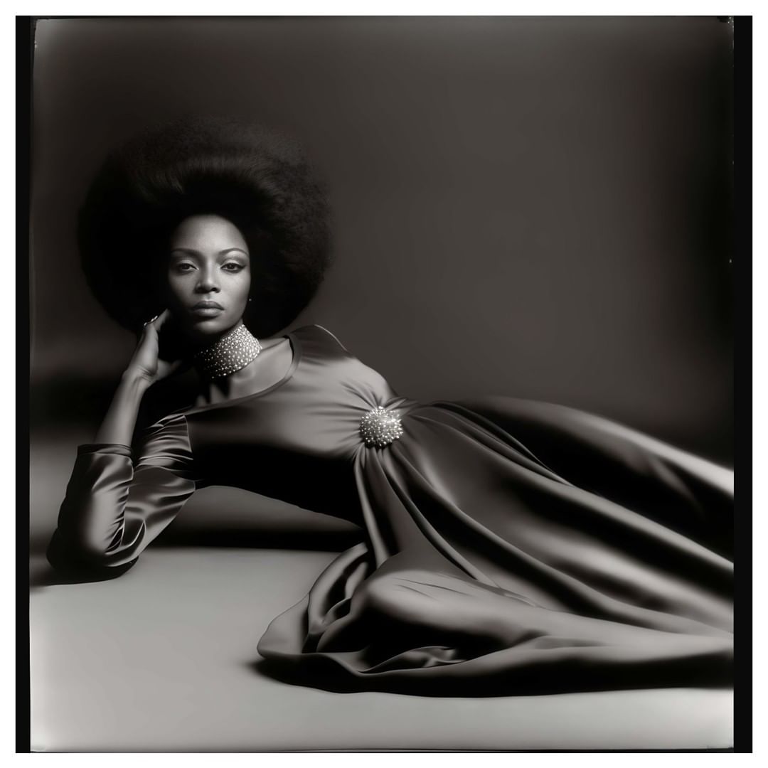 Glamorous portrait of an adult woman with an afro hairstyle lying in a satin gown with a decorative choker and brooch.