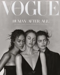 Monochrome magazine cover portrait of three female models with eyes closed by photographer Rowan Papier