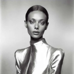 Portrait of a woman with dark slicked-back hair wearing a metallic high-neck garment against a plain studio background.
