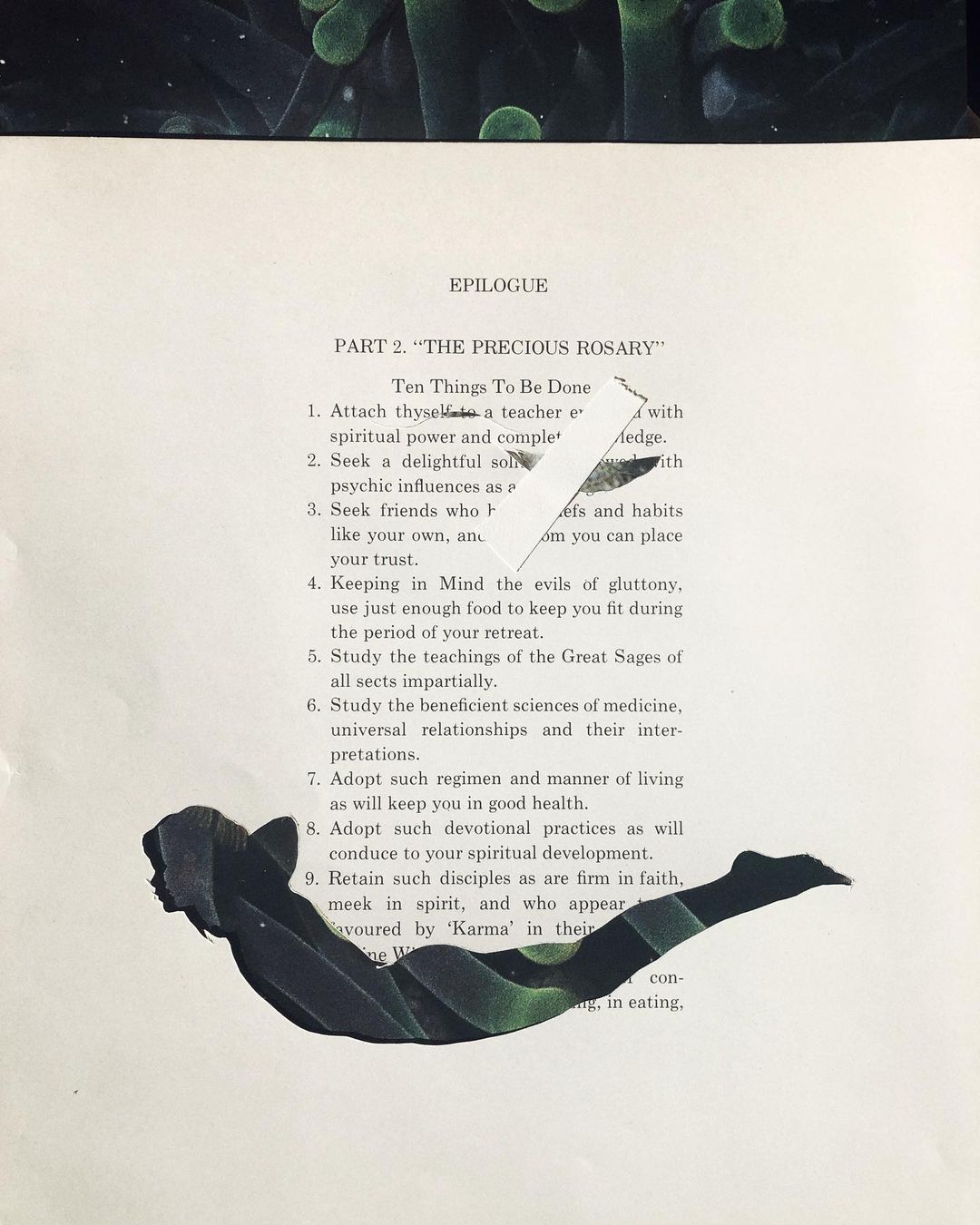 Collage of a text excerpt titled “The Precious Rosary” with a silhouette of a woman in yoga pose, combined with plant-like organisms.