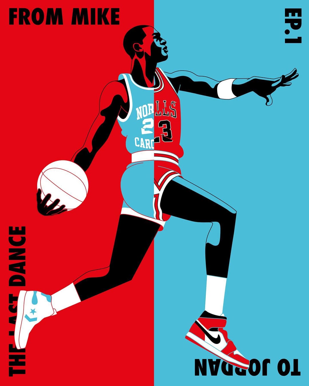 Illustration of Michael Jordan in a basketball uniform, mid-action, against a split red and light blue background, with text overlays.