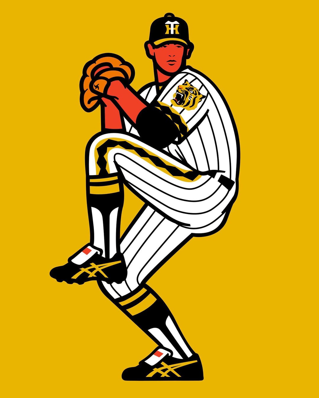 Illustration of baseball pitcher in mid-throw, wearing uniform with tiger logo, set against a vibrant yellow backdrop.