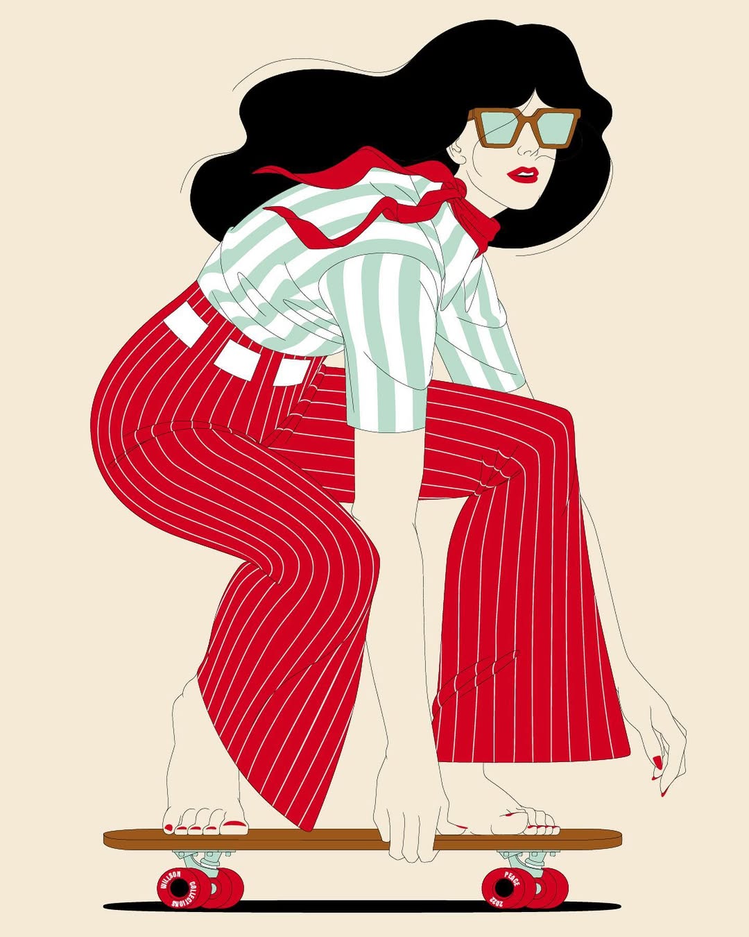 Illustration of a stylish adult woman in striped blouse and wide-leg pants riding a skateboard against a beige background. Modern art.
