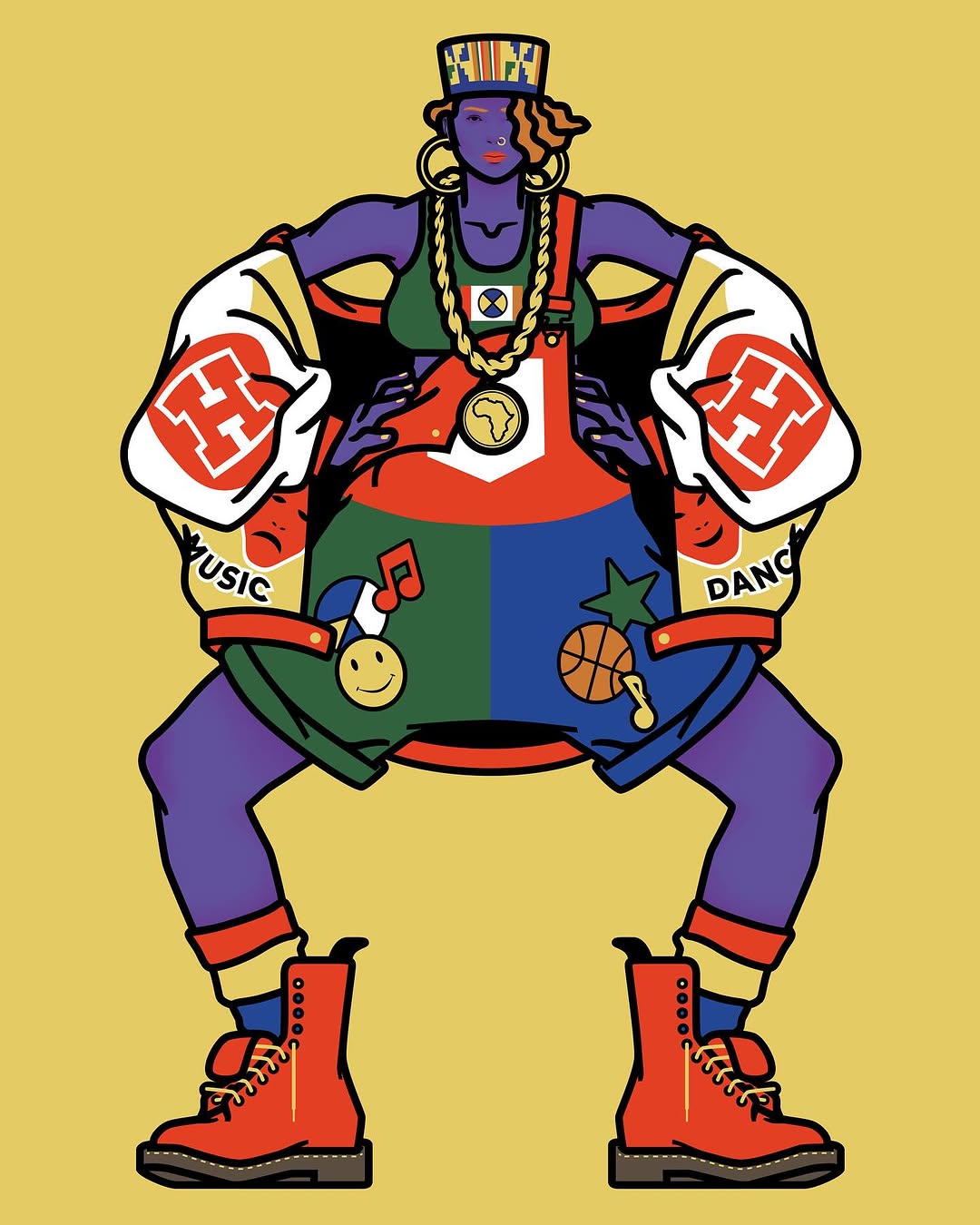 Illustrated character in colorful overalls, jacket, and boots against a yellow backdrop, embodying urban fashion and style.