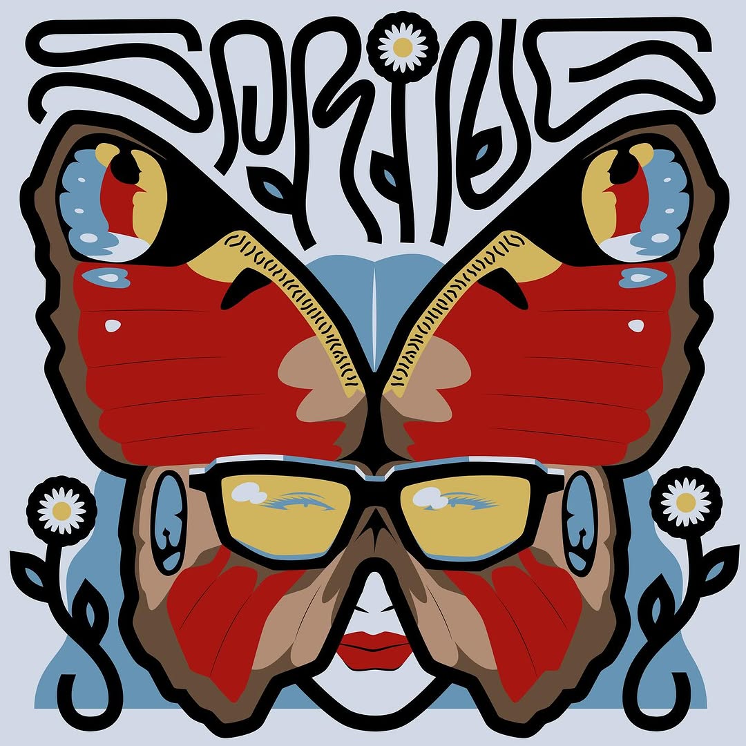 Graphic art: Cartoon-style woman's face with sunglasses and butterfly wings, surrounded by floral and text elements on light-blue background.