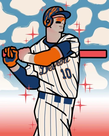 Illustrated baseball player in Detroit Tigers uniform with bat against a cloudy sky and red starbursts. Sports illustration.