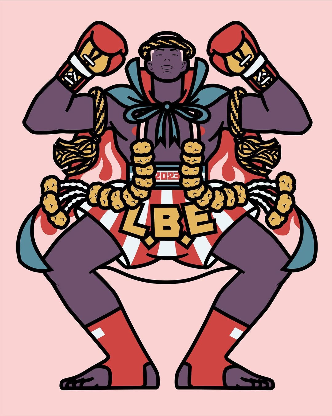 Illustration of a muscular fighter in boxing gloves and traditional garb, posed against a salmon pink background, blending cultural and athletic elements.