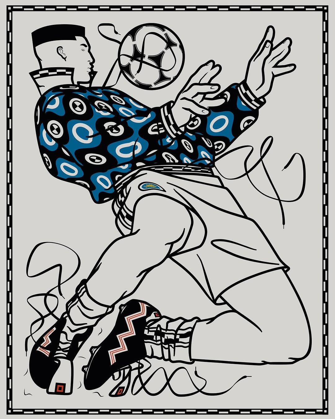 Stylized illustration of soccer player in action, heading a ball, depicted with bold outlines and patterned shirt on a light background.